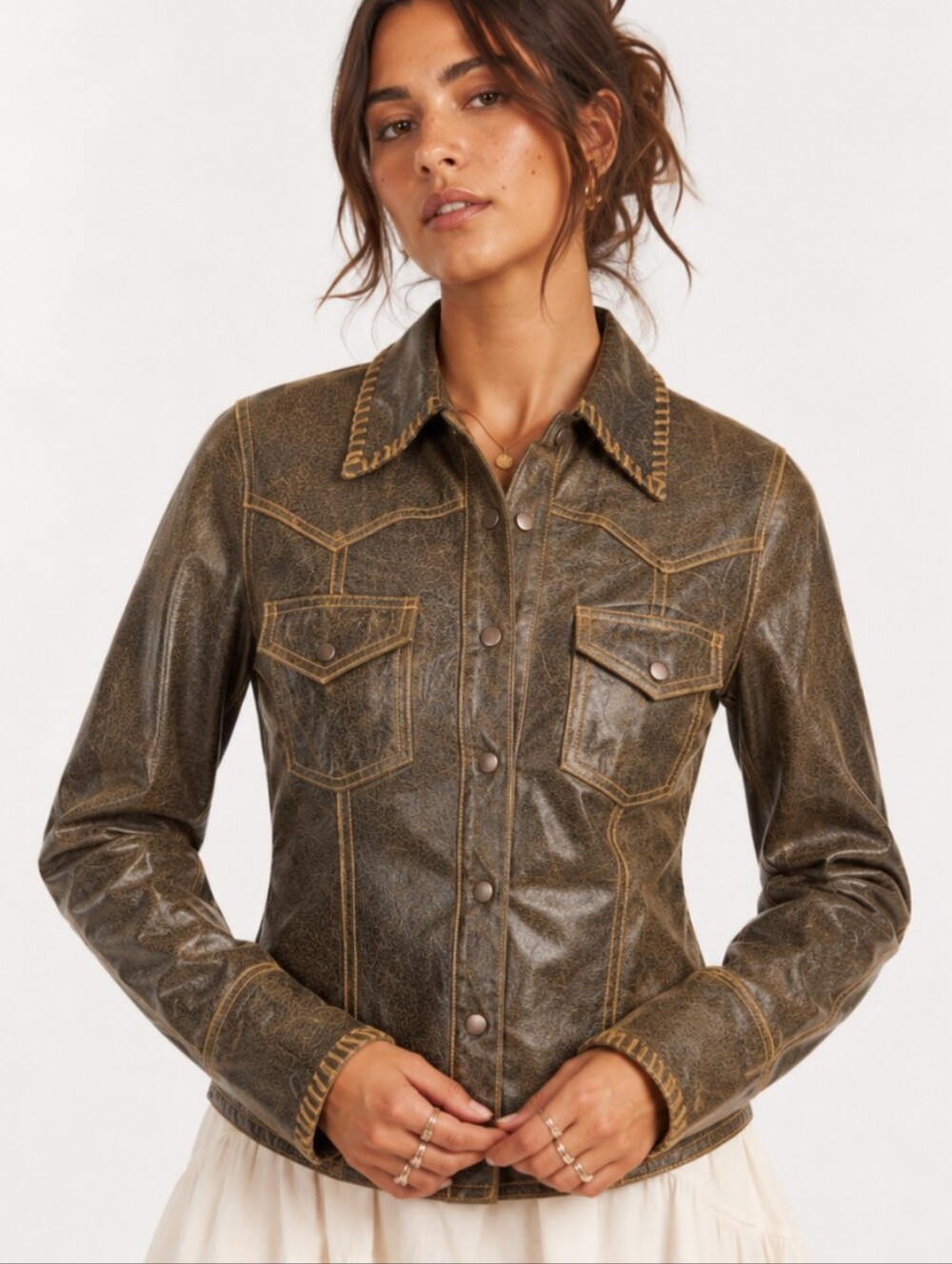 GUESS Crackled Leather Snap Shirt Jacket Brown Brown Women's Small EUC $498